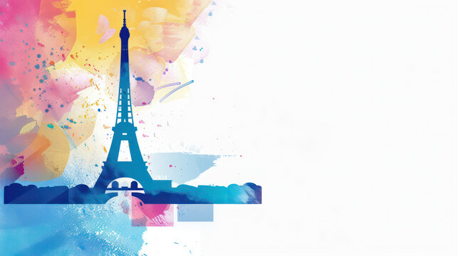 Minimalist banner for the Olympic Games in Paris 2024 with elegant illustration of the Olympic attributes and Eifel tower
