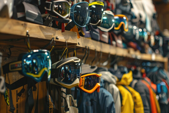 A display of goggles on hooks at outdoor gear shop