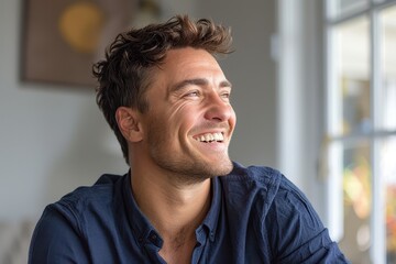 Obraz premium Joyful man in navy shirt laughing under natural light
