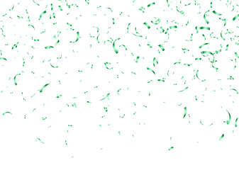 Green confetti, falling paper ribbons isolated on white background. Birthday party decoration. Vector illustration.