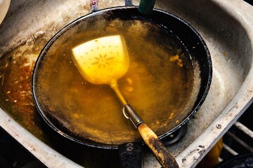 A dirty frying pan with a spatula in it. The pan is full of oil and the spatula is yellow
