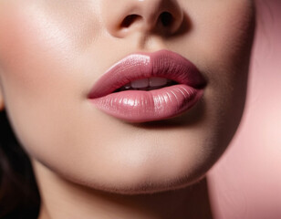 Obraz premium A close-up of a woman's lips, featuring shimmering pink lipstick that adds a touch of sparkle. The lips are slightly parted, revealing a glimpse of white teeth. Sensuality and sexuality. AI generated