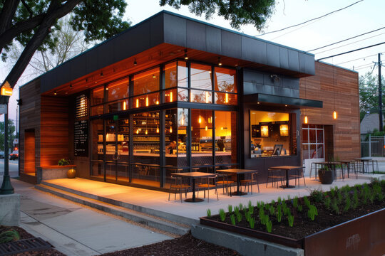 Modern coffeehouse facade with sharp lines and sleek design enhanced by inviting decor