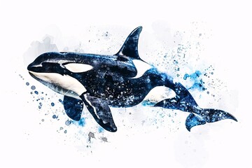 Obraz premium Watercolor Graceful Orca Swimming in Waves - Marine Life Abstract Art on White Background