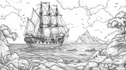 A coloring page featuring a group of friendly pirates sailing on a pirate ship, with the ocean and a treasure island in the background.