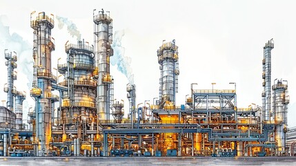 Detailed image of refinery towers and industrial machinery, showcasing the technological advancements and scale of chemical and petroleum operations. Watercolor style, high resolution Illustration,