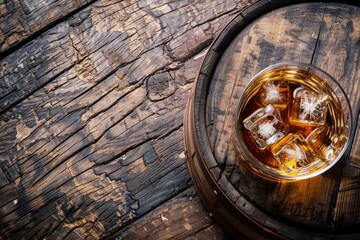 Whiskey with ice on old barrel wooden background with copy space