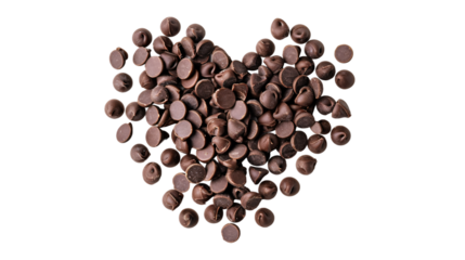 Chocolate chips in a heart shape on white background, Dark chocolate chips