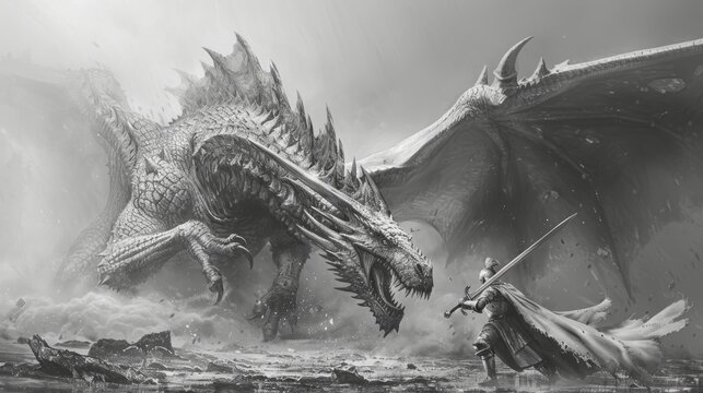 A legendary dragon engaged in a fierce battle with a knight in shining armor, set in a medieval battlefield, perfect for coloring adventurers.