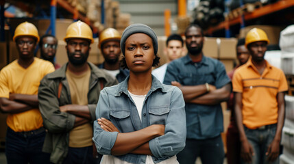 Cinematic shot of group of laborers standing with arms crossed