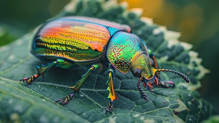 Fototapeta premium A page in a coloring book showing a beetle with shiny, iridescent colors, crawling on a leaf in a garden.