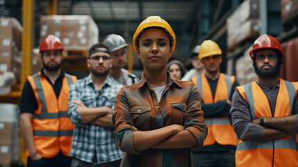 Cinematic shot of group of laborers standing with arms crossed
