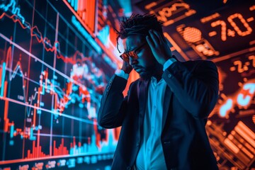 Businessman with downward red forex chart on blurry background. Crisis and financial recession concept.