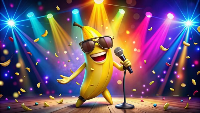 A humorous logo featuring a smiling cartoon banana peel with sunglasses and a microphone, surrounded by colorful confetti and comedy stage lights.