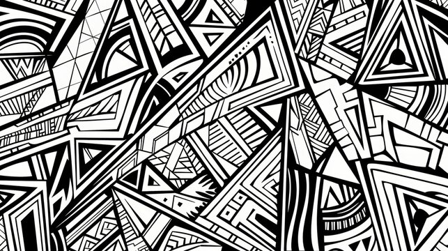 An abstract coloring book page with overlapping geometric shapes, creating interesting patterns and designs.