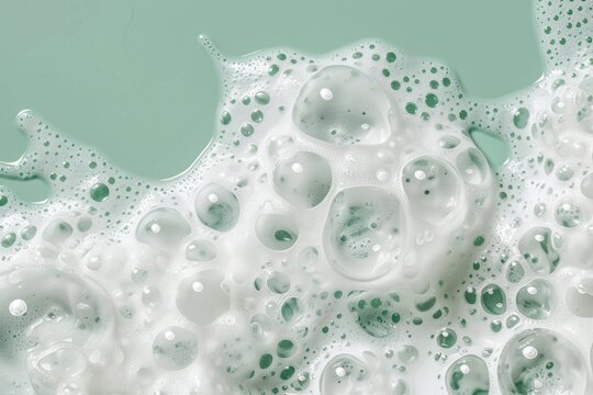 White mousse sample on green background with foam bubbles Close up of soap shower gel shampoo texture
