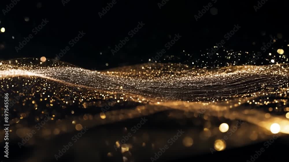 Poster Golden glitter particles float and move in a wave-like pattern on a black background. The particles shimmer and reflect light, creating a beautiful and elegant effect.