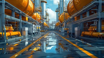 Dynamic depiction of safety equipment and protocols in an industrial setting, emphasizing the critical importance of technology and safety in chemical and petroleum operations. Watercolor style, high
