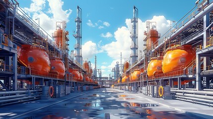 Dynamic depiction of safety equipment and protocols in an industrial setting, emphasizing the critical importance of technology and safety in chemical and petroleum operations. Watercolor style, high