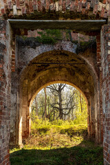 Exit from the ruined stone building in the form of an arch, into the green forest