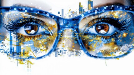 Digital art of eyes through glasses with a cityscape reflection, blending urban life and vision, vibrant and abstract imagery.