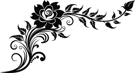 Elegantly hand-drawn floral corner design in black silhouette.