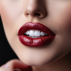 Obraz premium A close-up of a woman's lips, featuring shimmering burgundy maroon lipstick, touch of sparkle. The lips are slightly parted, revealing a glimpse of white teeth. Sensuality and sexuality. AI generated