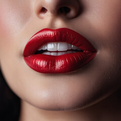 Fototapeta premium A close-up of a woman's lips, featuring shimmering red lipstick that adds a touch of sparkle. The lips are slightly parted, revealing a glimpse of white teeth. Sensuality and sexuality. AI generated