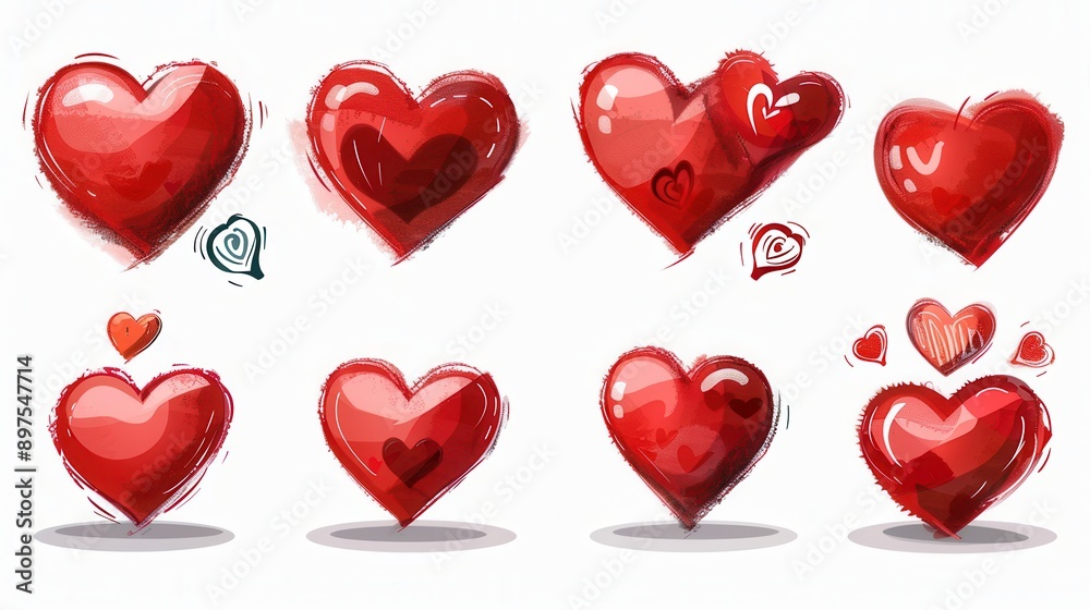 Fototapete a collection of eight red heart illustrations, each with a unique style and pose. generative ai