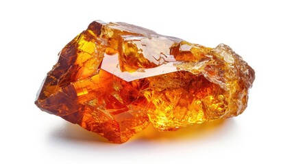 Amber chip on white background red brown excavation ancient fossil resin jewelry semi precious stone with natural crust sun stone crystal