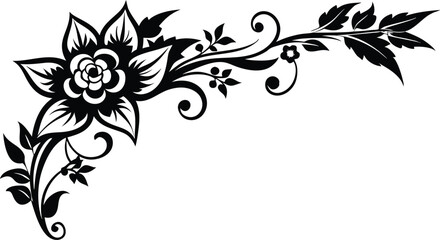 Black silhouette of a hand-drawn decorative floral design for corner embellishments.