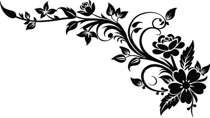 Black silhouette of a hand-drawn decorative floral design for corner embellishments.