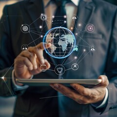 A welldressed man is standing while holding a tablet displaying a globe