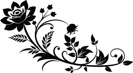 Black silhouette of a hand-drawn decorative floral design for corner embellishments.