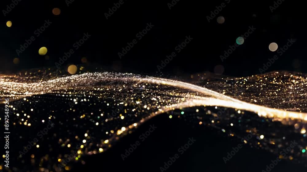 Poster a wave of gold glitter swirls across a black background, creating a beautiful and abstract design.