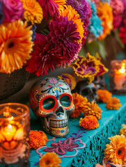 Traditional decor for Mexican Day of the Dead. Sugar skulls, burning candles, lots of flowers. 