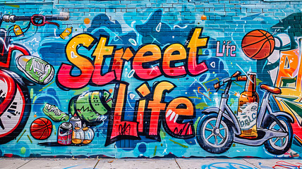 Naklejka premium Colorful graffiti mural depicting street life.
