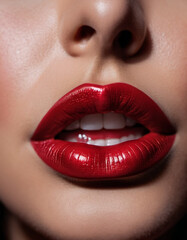 Fototapeta premium A close-up of a woman's lips, featuring shimmering red lipstick that adds a touch of sparkle. The lips are slightly parted, revealing a glimpse of white teeth. Sensuality and sexuality. AI generated