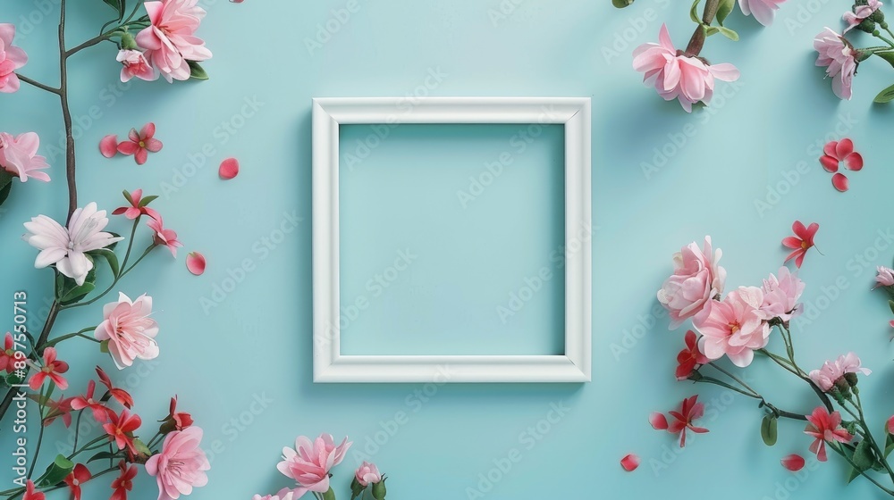 Poster stylish floral arrangement with pink flowers and photo frame on blue backdrop suitable for various o