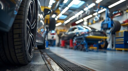 A professional auto repair shop with modern equipment, technology for repair vehicles. Car repair service center. Blurred background. Support car insurance service.