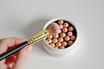 hand holding a makeup brush with a gold handle, applying blush to the cheekbones