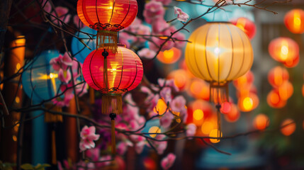 Glowing asian red and yellow lanterns. Autumn Lunar Festival, Lunar New Year. Chinese lanterns. Vietnamese lanterns. Festival street decor, night, lights, garlands. Sakura tree.