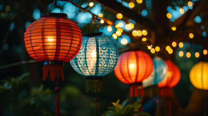 Obraz premium Glowing asian silk lanterns, garlands. Autumn Lunar Festival, Lunar New Year. Chinese lanterns. Festive street decor, night, lights.
