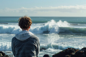 Fototapeta premium Person looking out at ocean waves feeling the impact on their senses and spirit