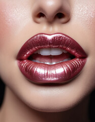 Obraz premium Close-up of woman lips, featuring shimmering pearlescent lipstick. Touch of sparkle. Lips are slightly parted, revealing glimpse of white teeth. Sensuality and sexuality. Mother of pearl lipstick. AI
