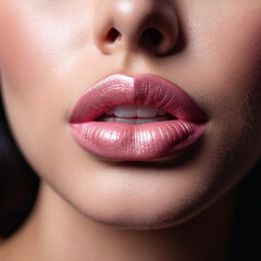 Fototapeta premium A close-up of a woman's lips, featuring shimmering pink lipstick that adds a touch of sparkle. The lips are slightly parted, revealing a glimpse of white teeth. Sensuality and sexuality. AI generated