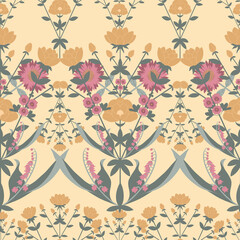 Seamless composition of flowers made in folk style. Postcard, poster, print in rustic style on yellow background