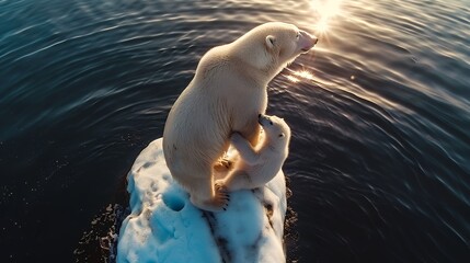 Fototapeta premium Polar bear with her cub are standing on little ice islet in boundless blue ocean. Wildlife nature. Effects of climate change. Global warming. Environmental disaster.