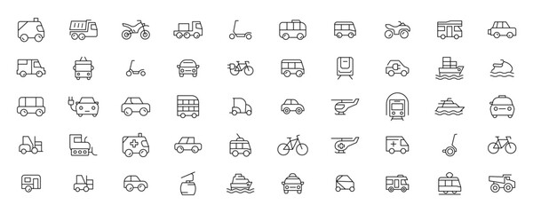 Travel and Transport line icon set. Containing car, bike, plane, train, bicycle, motorbike, bus and scooter icons. Transportation Simple line icon collections