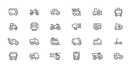 Travel and Transport line icon set. Containing car, bike, plane, train, bicycle, motorbike, bus and scooter icons. Transportation Simple line icon collections